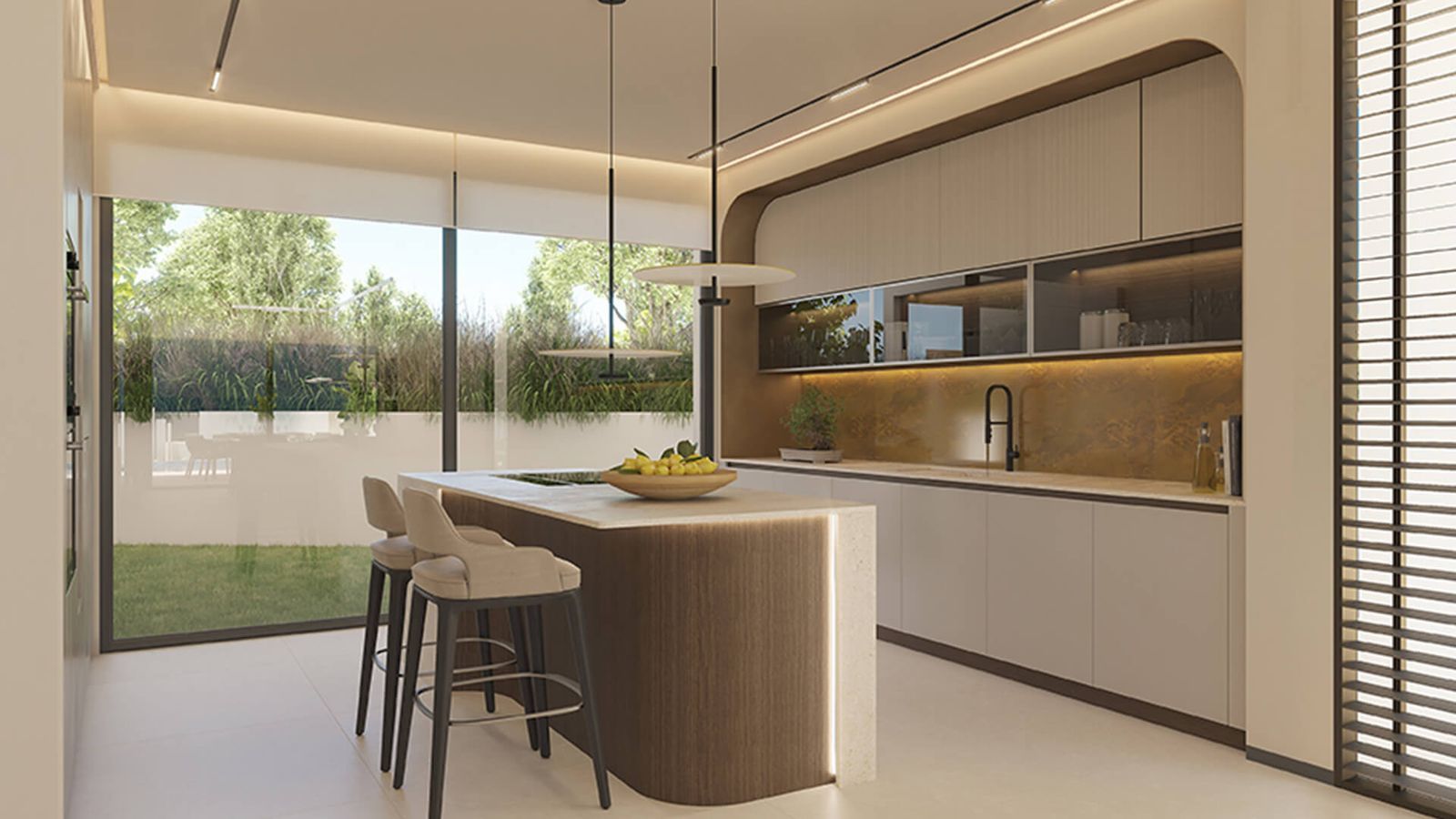 Nowoczesna kuchnia z wyspą i widokiem na ogród